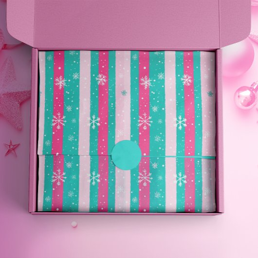 ピンクとミントの垂直スノーストライプのフレーク 薄葉紙