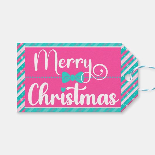 ピンクとミントの明るいクリスマス斜めストライプ ギフトタグ (正面(横))