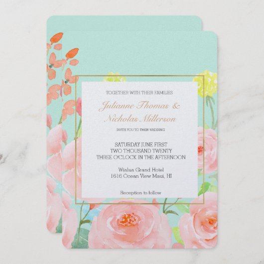 ピンクとミントの水の色のバラ結婚ズ 招待状 (正面/裏面)