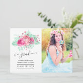 ピンクとミントの熱帯フローラ卒業写真 案内状 (スタンド正面)