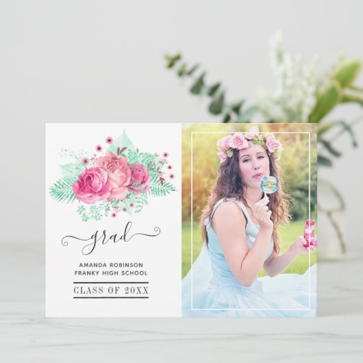 ピンクとミントの熱帯フローラ卒業写真 案内状 (スタンド正面)