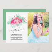 ピンクとミントの熱帯フローラ卒業写真 案内状 (正面/裏面)
