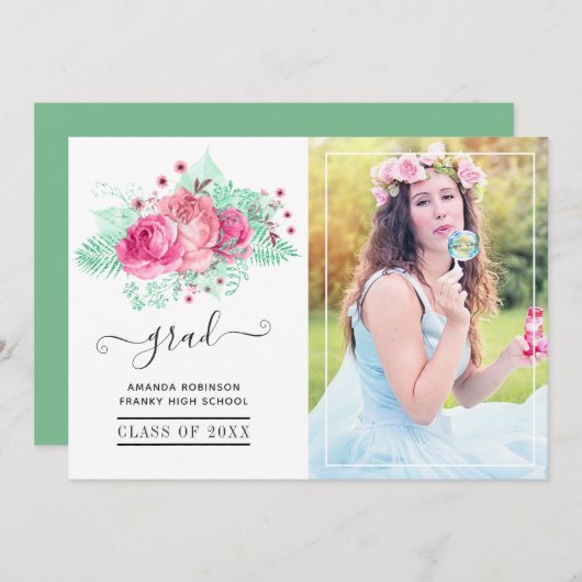 ピンクとミントの熱帯フローラ卒業写真 案内状 (正面/裏面)