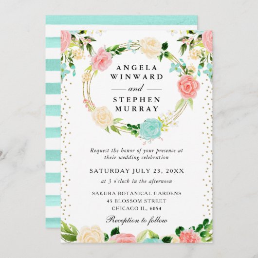 ピンクとミントの花のリース結婚ズ 招待状 (正面/裏面)