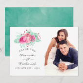 ピンクとミントの花の結婚式お礼 サンキューカード (正面/裏面)