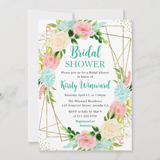 ピンクとミントの花の金ゴールドフレームブライダルシャワー 招待状 (正面)