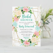 ピンクとミントの花の金ゴールドフレームブライダルシャワー 招待状 (スタンド正面)