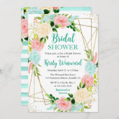 ピンクとミントの花の金ゴールドフレームブライダルシャワー 招待状 (正面/裏面)