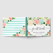 ピンクとミントの花の金ゴールド結婚フレーム ゲストブック (全面)