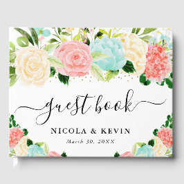 ピンクとミントの花の金ゴールド結婚フレーム ゲストブック