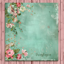 ピンクとミントウォーター色のヴィンテージフローラメモ帳