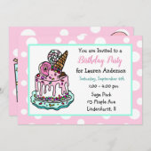 ピンクとミントグリーンお洒落ケーキガールズ誕生日 招待状 (正面/裏面)