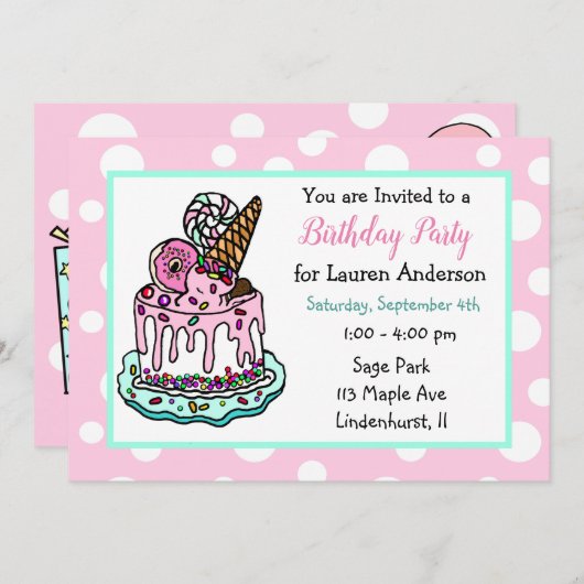 ピンクとミントグリーンお洒落ケーキガールズ誕生日 招待状 (正面/裏面)