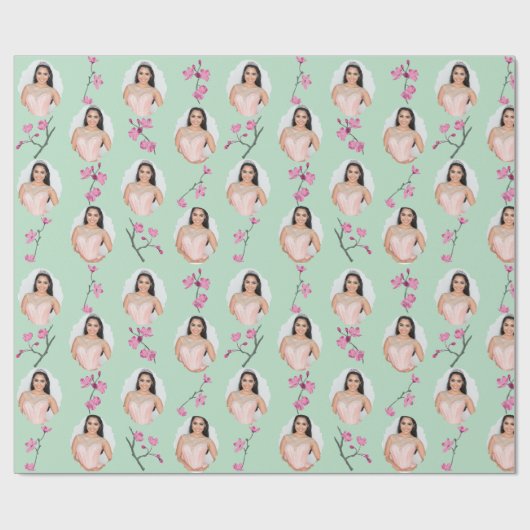 ピンクとミントグリーンさくらんぼの花カスタムの写真 ラッピングペーパー (フラット)