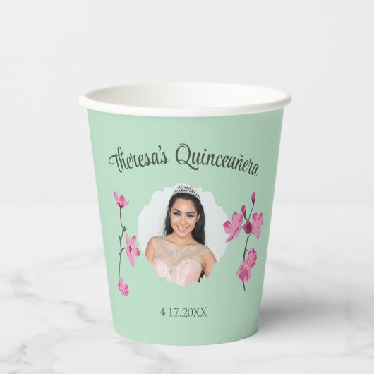 ピンクとミントグリーンさくらんぼブロッサムカスタムの写真 紙コップ (正面)