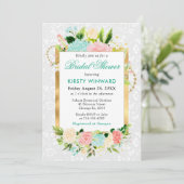 ピンクとミントサマーフラワーズ金ゴールドブライダルシャワー 招待状 (スタンド正面)