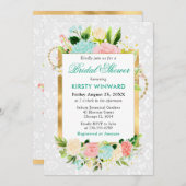 ピンクとミントサマーフラワーズ金ゴールドブライダルシャワー 招待状 (正面/裏面)