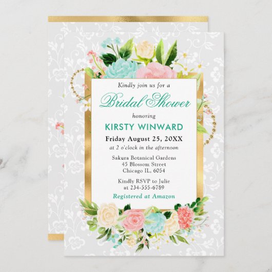 ピンクとミントサマーフラワーズ金ゴールドブライダルシャワー 招待状 (正面/裏面)