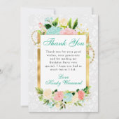 ピンクとミントフラワーズ金ゴールド誕生日 サンキューカード (正面)