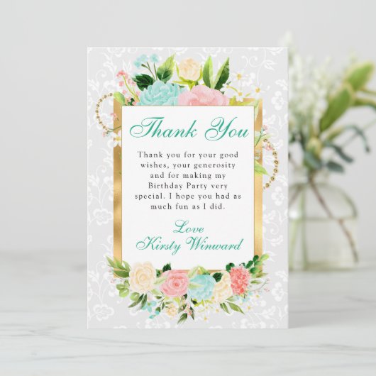 ピンクとミントフラワーズ金ゴールド誕生日 サンキューカード (スタンド正面)