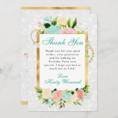 ピンクとミントフラワーズ金ゴールド誕生日 サンキューカード (正面/裏面)