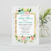 ピンクとミント夏の花ゴールドフォイルベビーシャワー 招待状 (スタンド正面)