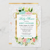 ピンクとミント夏の花ゴールドフォイルベビーシャワー 招待状 (正面/裏面)
