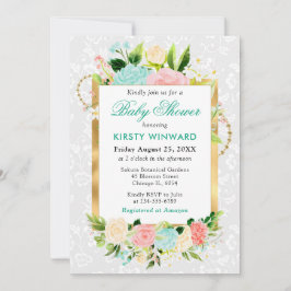 ピンクとミント夏の花ゴールドフォイルベビーシャワー 招待状