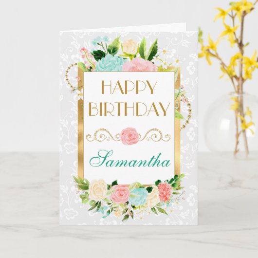 ピンクとミント夏の花ゴールドフォイル誕生日 カード (黄色い花)