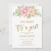 ピンクとメロンのスイカ色のフローラベビーシャワーガール 招待状 (正面)