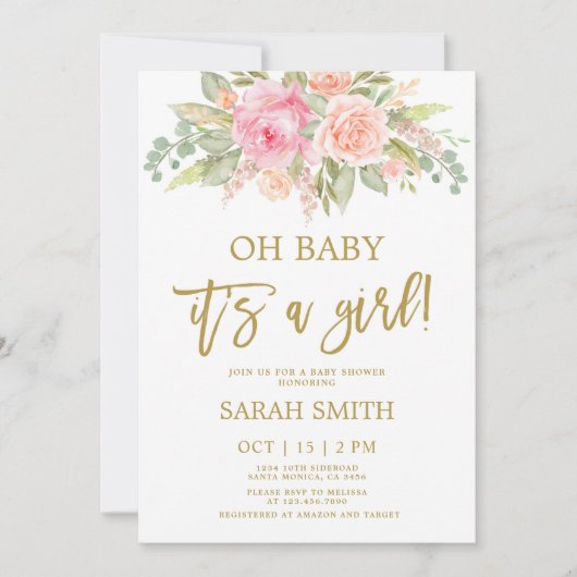 ピンクとメロンのスイカ色のフローラベビーシャワーガール 招待状 (正面)