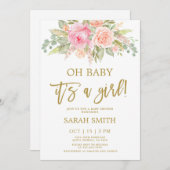 ピンクとメロンのスイカ色のフローラベビーシャワーガール 招待状 (正面/裏面)