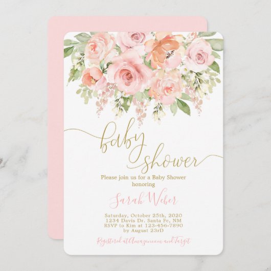 ピンクとメロンのフローラの赤ちゃんシャワー女の子 招待状 (正面/裏面)