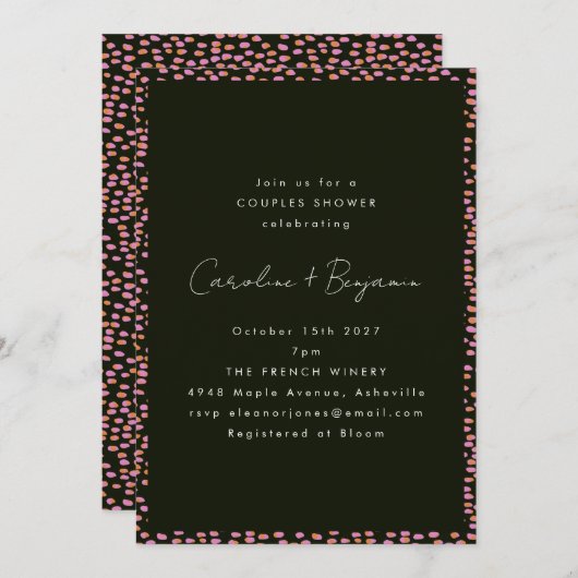 ピンクとモダン黒のドットのカップルがシャワーエレガントを浴びる 招待状 (正面/裏面)