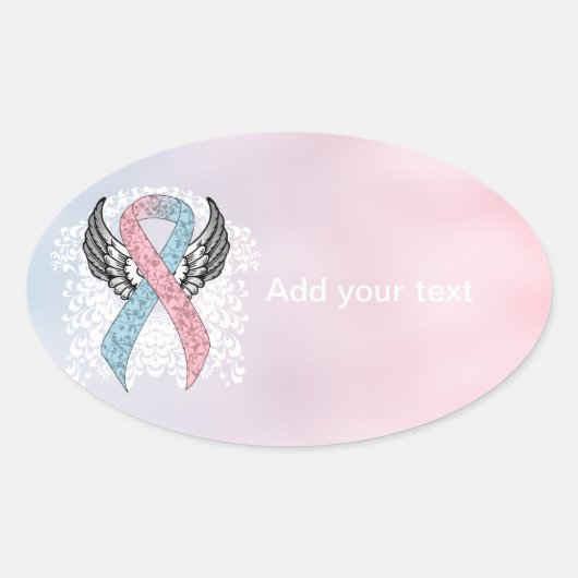 ピンクとライトブルーの認識度リボンと翼 楕円形シール (正面)