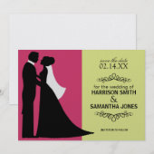 ピンクとライムグリーンのSave the Dateお知らせ 招待状 (正面/裏面)