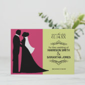 ピンクとライムグリーンのSave the Dateお知らせ 招待状 (スタンド正面)