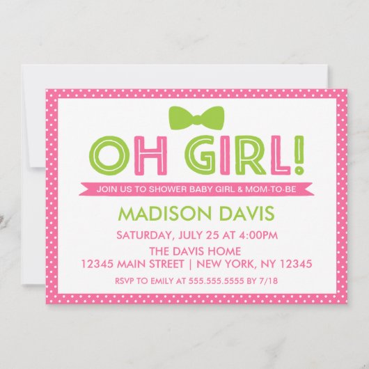 ピンクとライムグリーン水玉模様オ女の子ベビーシャワー 招待状 (正面)
