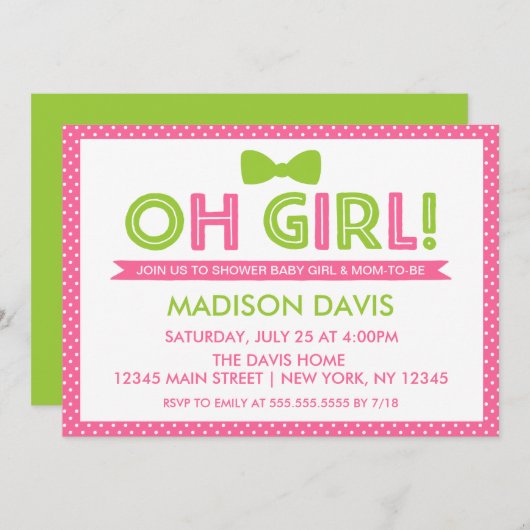ピンクとライムグリーン水玉模様オ女の子ベビーシャワー 招待状 (正面/裏面)