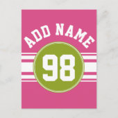 ピンクとライムスポーツジャージー名前をカスタムする番号 ポストカード (正面)