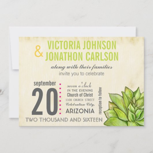 ピンクとライム多肉性モダンタイポグラフィ結婚ズ 招待状 (正面)