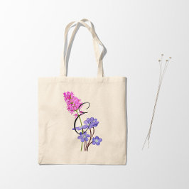 ピンクとライラックの野生の花(片面にイニシャル1) トートバッグ
