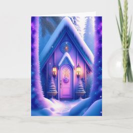 ピンクとラベンダーのコテージのクリスマスカード シーズンカード