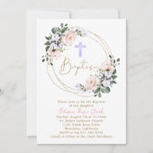 ピンクとラベンダーのフローラバプテスマの金ゴールドフレーム 招待状 (正面)