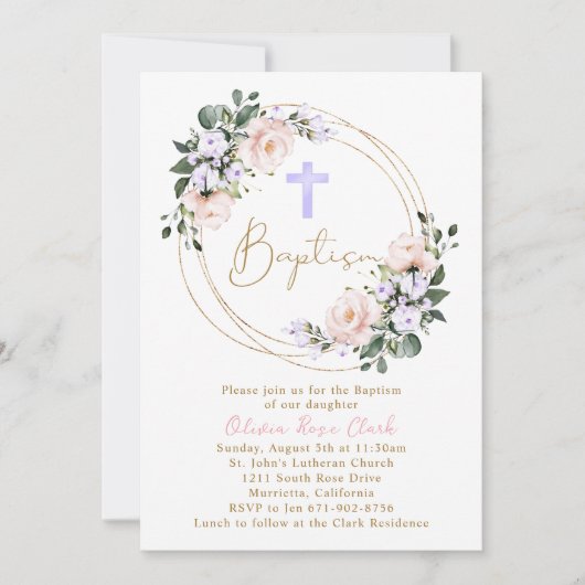 ピンクとラベンダーのフローラバプテスマの金ゴールドフレーム 招待状 (正面)