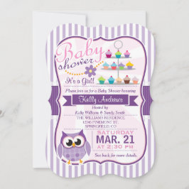 ピンクとラベンダーパープルフクロウ、女の子ベビーシャワー 招待状