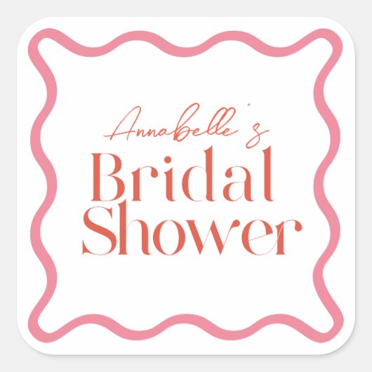 ピンクとレッドのウェーブフレームがおしゃれな ブライダルシャワー スクエアシール (正面)