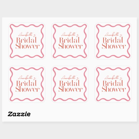 ピンクとレッドのウェーブフレームがおしゃれな ブライダルシャワー スクエアシール (シート)