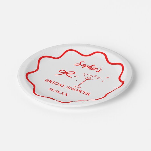 ピンクとレッドのウェーブ柄レトロボーダー ブライダルシャワー ペーパープレート (アングル)