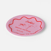 ピンクとレッドのウェーブ柄レトロボーダー ブライダルシャワー ペーパープレート (アングル)